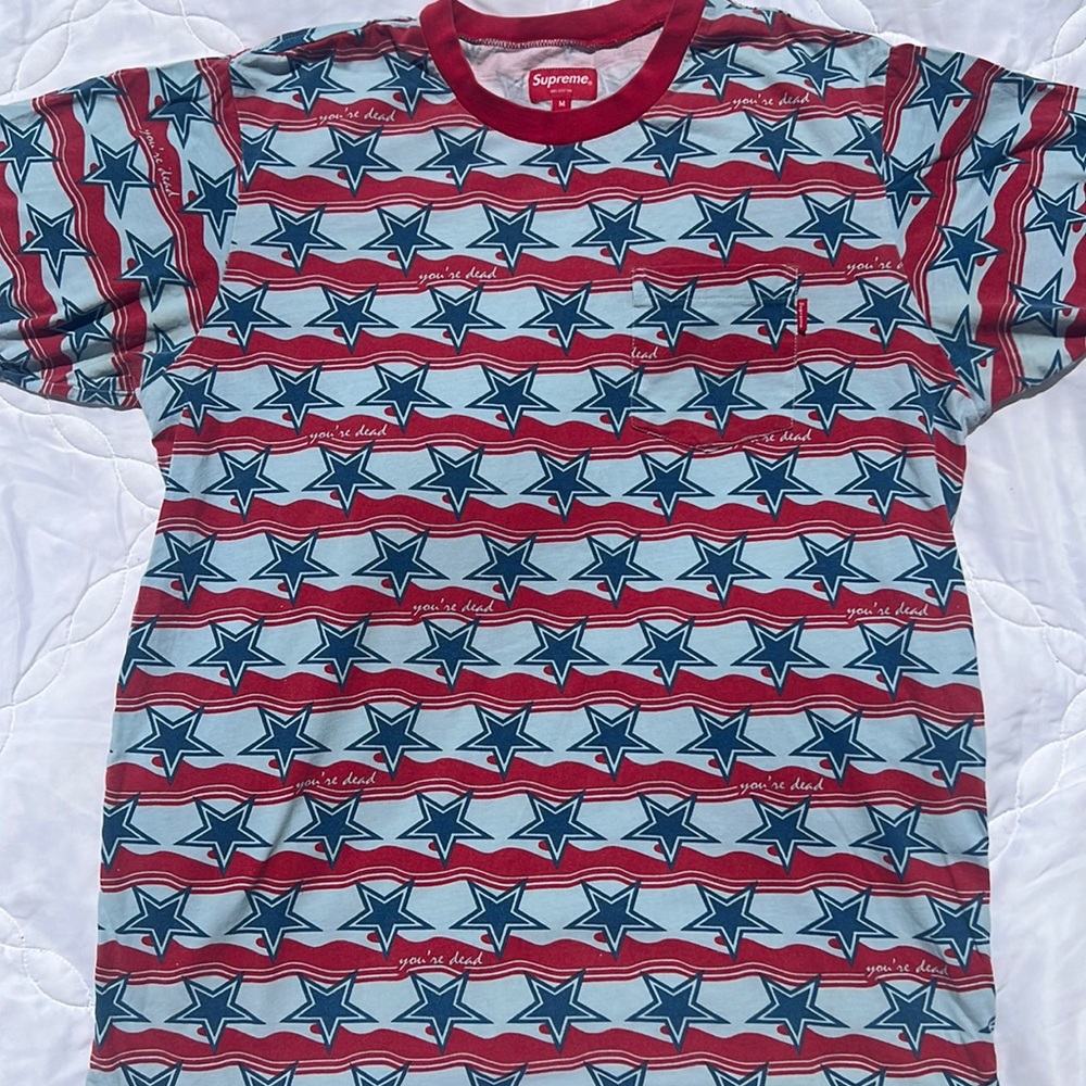 Supreme T-shirt, your d T-shirt, “you’re dead”, blue star red stripe.